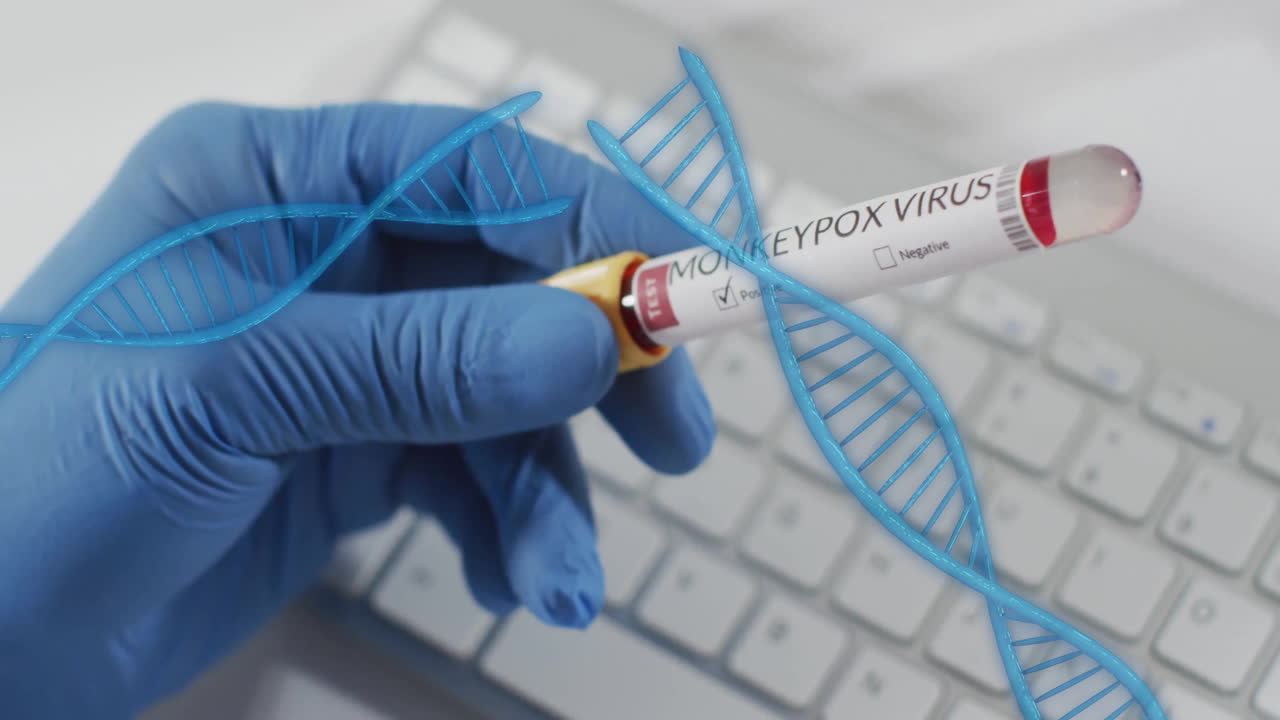 Animation of dna strands spinning over hand with test tube with blood on white background