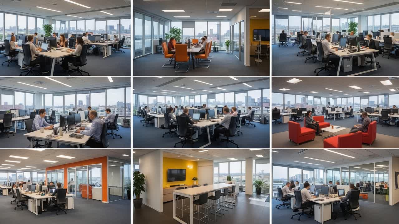 Um ambiente de escritório dinâmico: Exibindo espaços de trabalho modernos com áreas colaborativas, estações individuais e espaços de reunião convidativos em um layout claro e aberto.