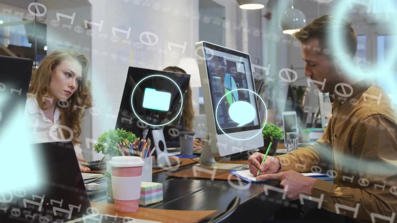 Three designers using laptop monitor phone, app icons converging, pulsing, fading showing workflow