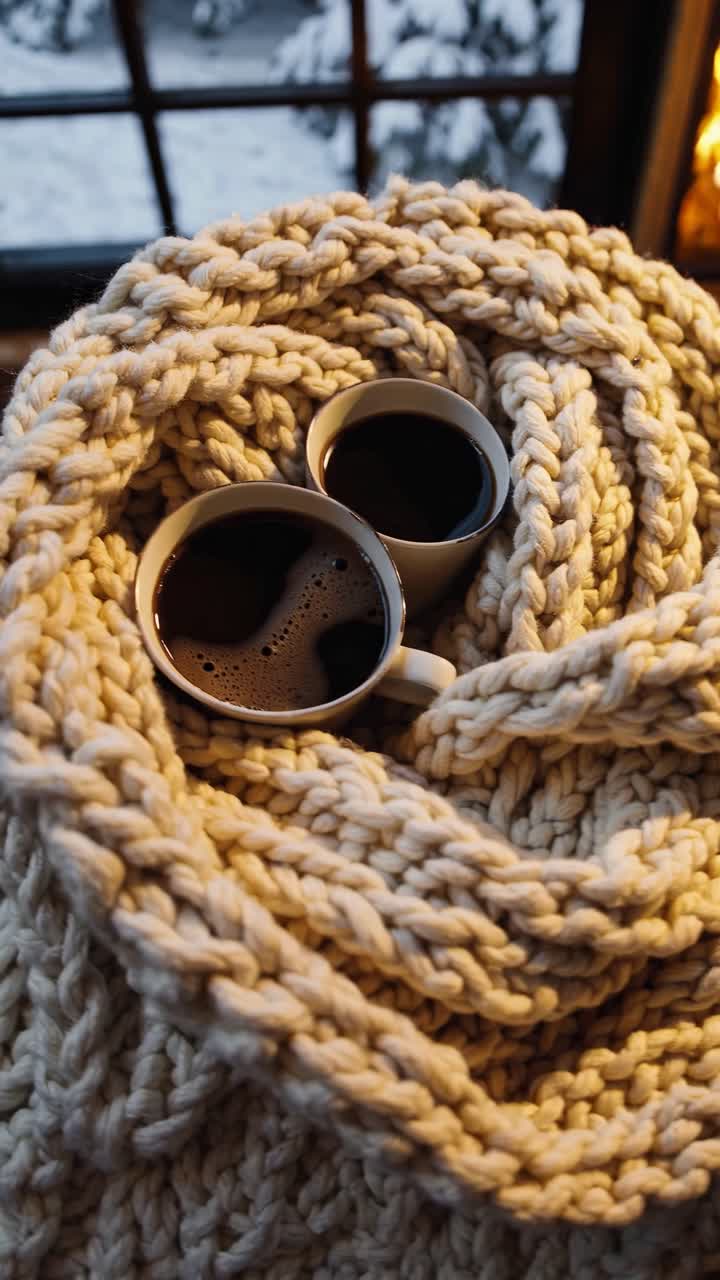 Cozy winter concept with two coffee mugs nestled in a chunky knit blanket