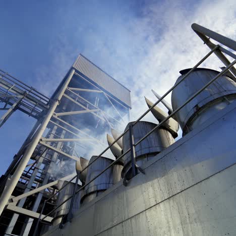 modern elevator complex for agriculture. metal granary against blue sky. smoke released in the air from industrial equipment for grain processing. view from below.
