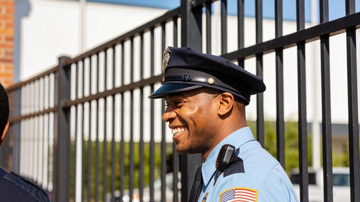 Agente in uniforme che saluta, girandosi e sorridendo all'ingresso recintato, con un collega che parla e il distintivo visibile.