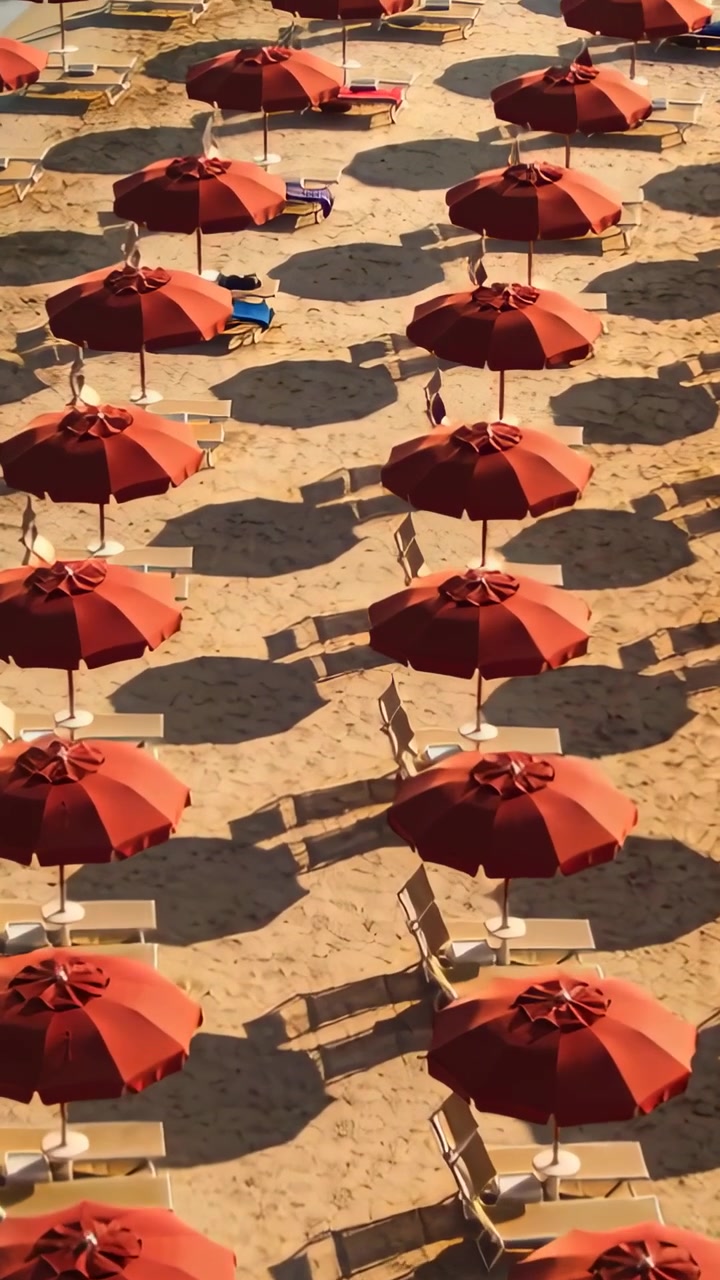 Video verticale: Clip iniziale, telecamera che panoramica su ombrelloni rossi e sedie abbinate sulla spiaggia.