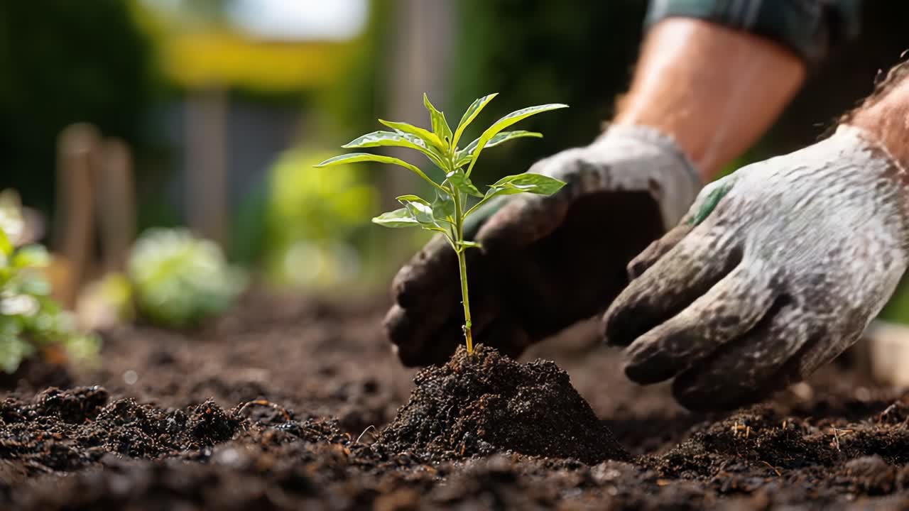Nurturing New Life in the Garden: A Close-Up of Hands Planting a Young Seedling into Fertile Soil for Growth and Sustainability