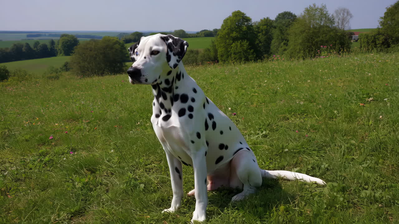A Dalmatian dog with heterochromia sitting in a grassy field
