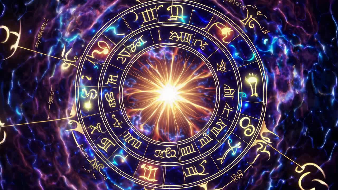A cosmic video concept featuring a top-down view of a glowing zodiac wheel with vibrant colors