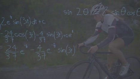 Animation-of-mathematical-equations-over-caucasian-woman-riding-bike