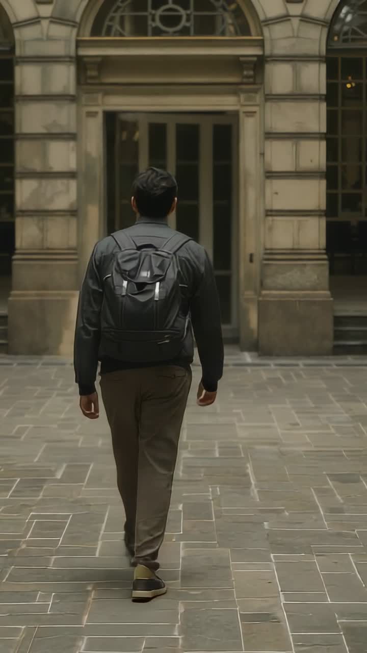 Vertical video: Walking male in dark jacket with black backpack across patterned paving toward door