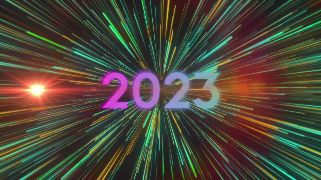 Animazione del testo "2023" su scie luminose su sfondo nero.