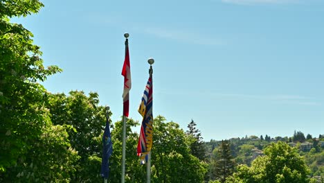 unifying spirits: kamloops logo, british columbia, and canada flags soaring in the blue sky