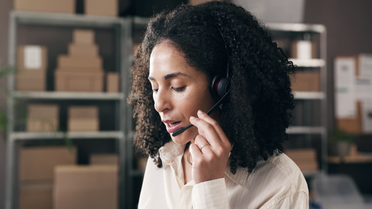 Jovem mulher usando headset e falando em um call center.