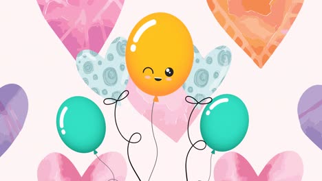 Animation-Von-Bunten-Luftballons-Und-Herzen-Auf-Rosa-Hintergrund