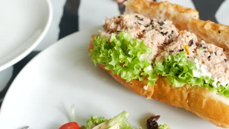 tuna sandwich with mayonnaise on a plate on table