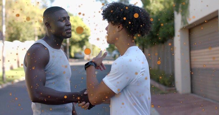 two friends meeting road turning handshaking into hug chatting, orange particles drifting in social