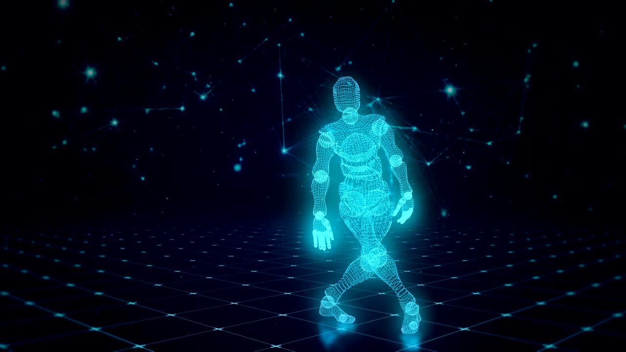 춤추는 파란색 3d 캐릭터 빛나는 인공 지능, 그리드의 바닥에 있는 다각형, 글로벌 연결의 기술적 배경, 원활한 루프 애니메이션