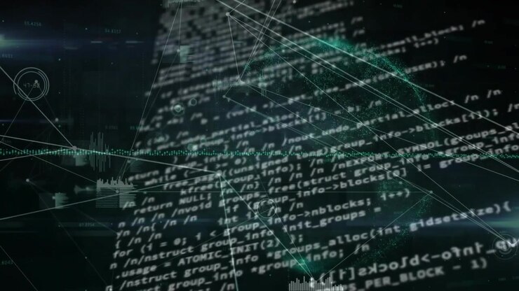 Animation of communication network and globe over processing data on black background