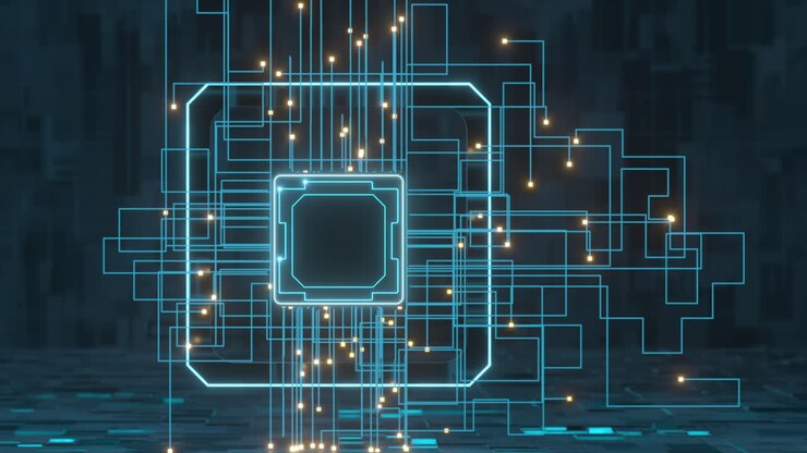 Linee di circuito e chip con sfondo nero, rendering 3D