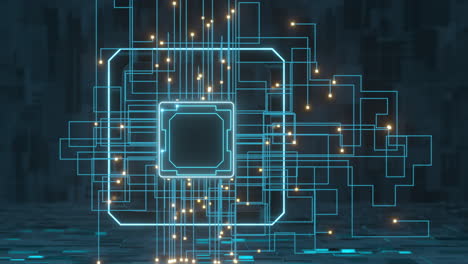 circuit lines and chip with black background, 3d rendering.