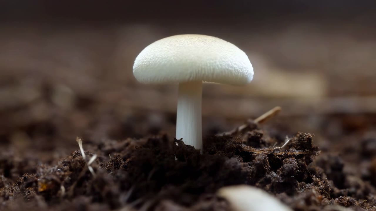 Early to middle sequence showing a tiny white mushroom emerging and standing upright near the center of the frame above dark fertile soil, with a low-angle