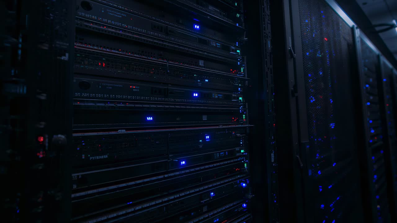 Camera che esegue una panoramica per rivelare i server montati su rack nel corridoio del data center, monitorando l'attività dei LED