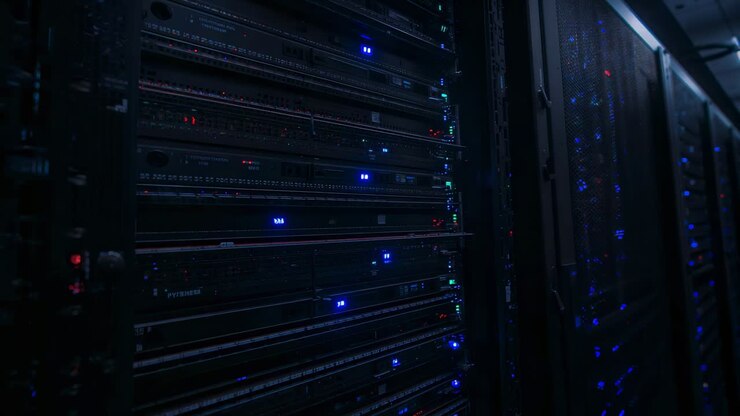 Panning camera revealing rack-mounted servers in data center aisle, monitoring LED activity