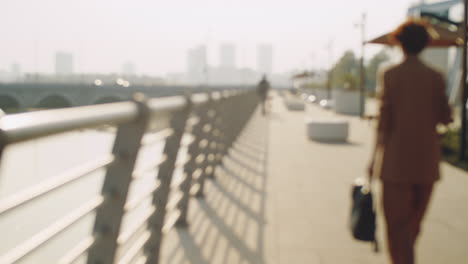 people walking on embankment in city