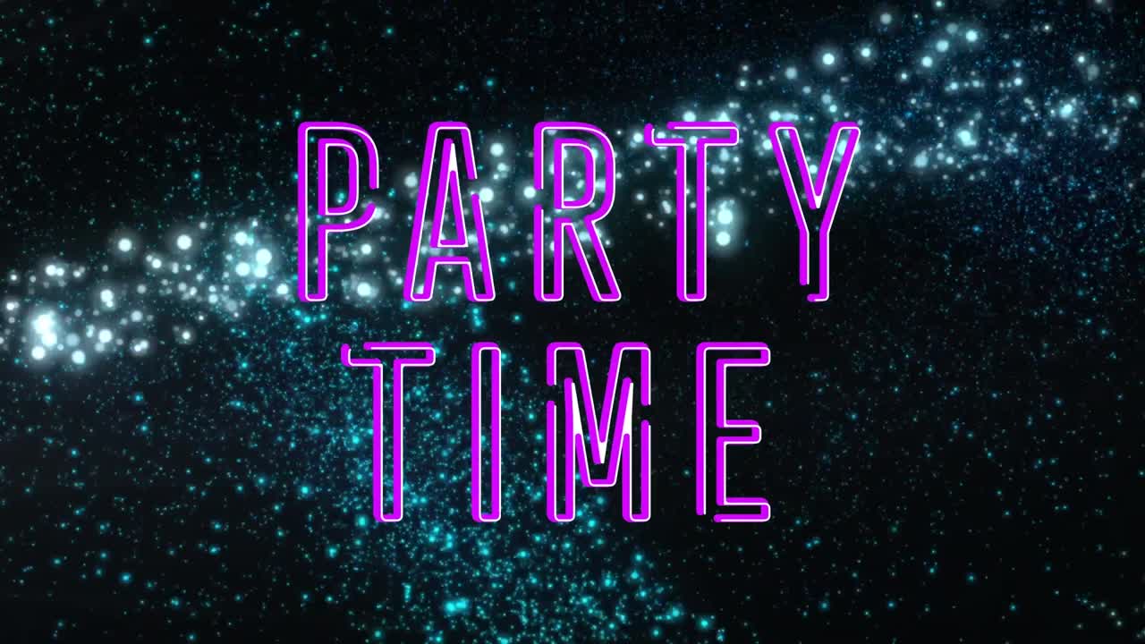 Digital animation of purple neon party time text banner over shooting star against black background