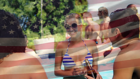 Group-of-friends-celebrating-in-the-pool-and-an-American-flag-for-fourth-of-July.