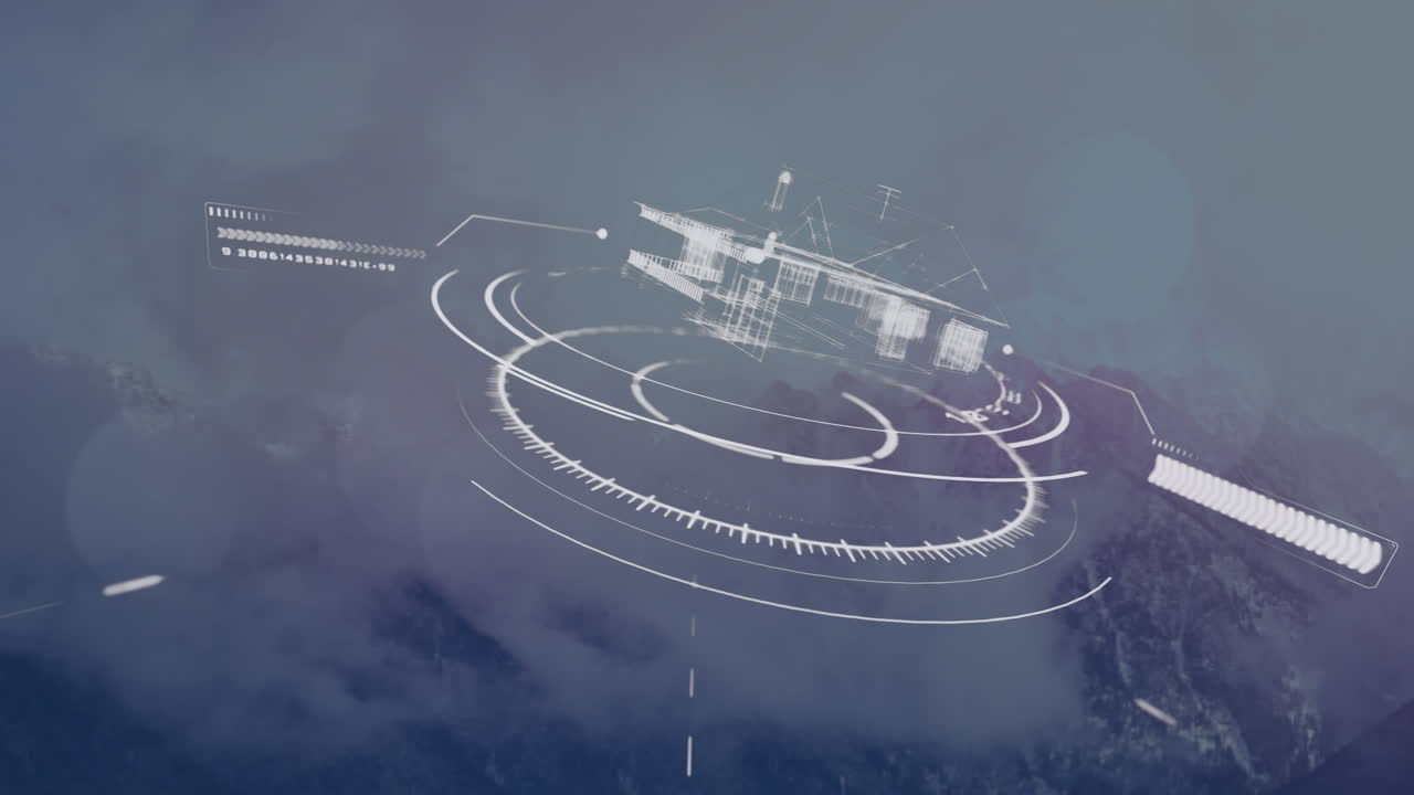 Animation of futuristic digital interface overlaying aerial view of mountain landscape