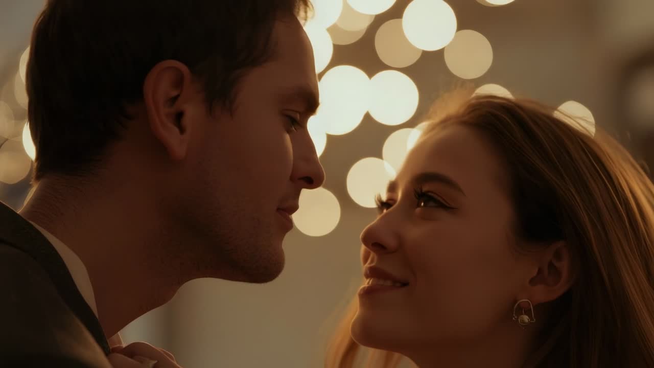 Leaning woman holding lapel, man closing eyes, meeting gaze, showing love at reception with lights