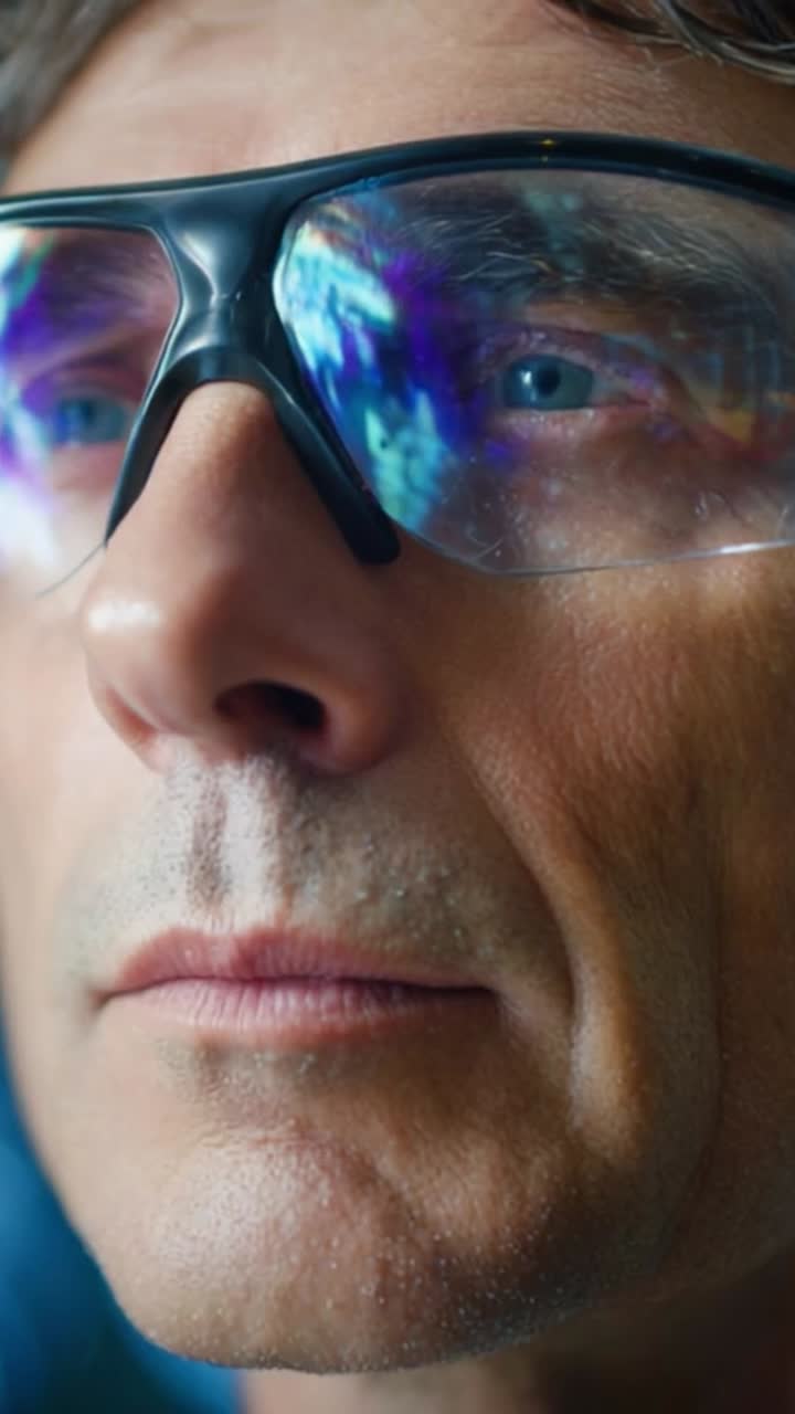 Close-up of a man wearing innovative eyewear, highlighting the reflective lenses and intense gaze, emphasizing modern technology and personal expression in everyday life