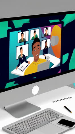 a desktop computer displaying a virtual meeting with multiple participants