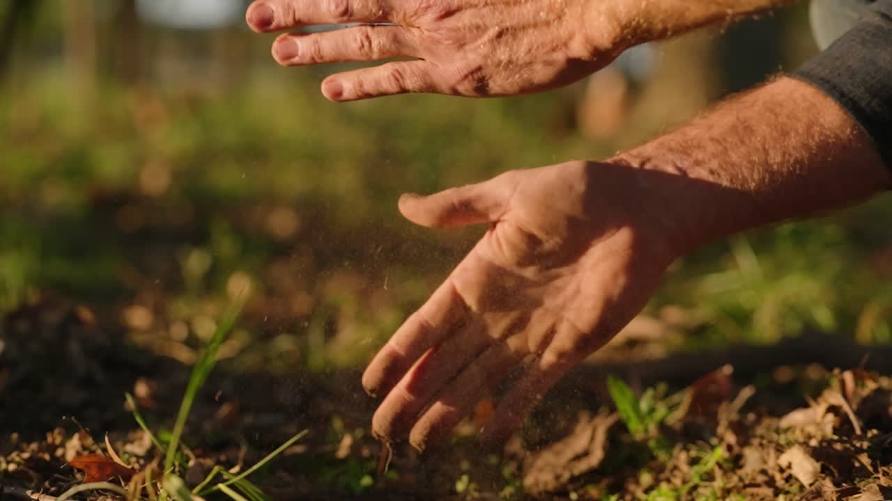 Close-up de jardineiro limpando a terra das mãos em câmera lenta, cultivo ao pôr do sol