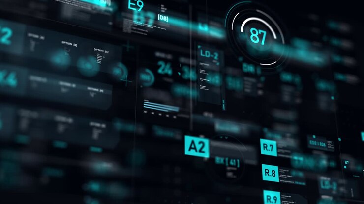 Futuristic user interface HUD GUI digital text number element for cyber technology concept dark and grain processed