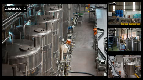 four security camera views of industrial brewery and bottling business interiors, slow motion