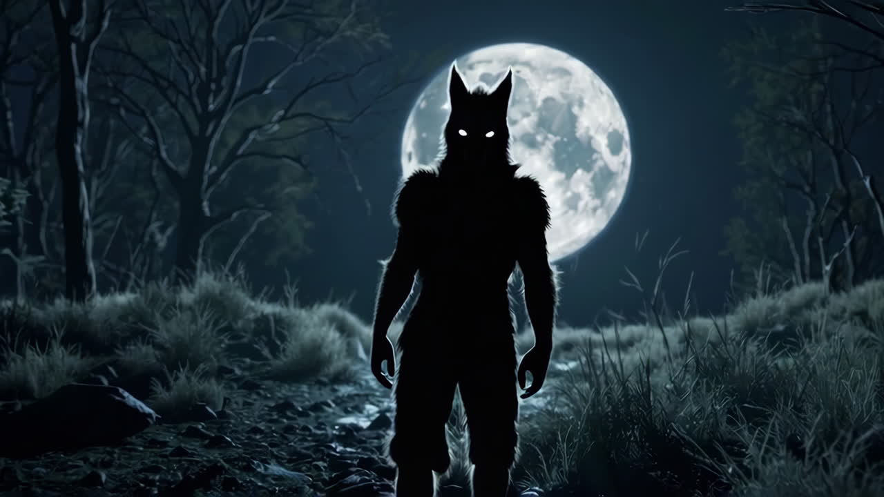 Silhouette of a Werewolf Under a Full Moon