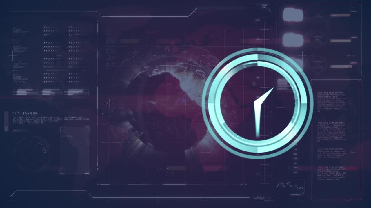 Animation of clock data processing and map on navy background