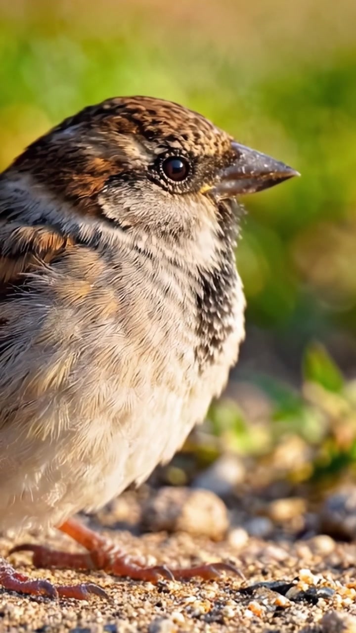 Un incontro ravvicinato con un affascinante passero che cattura la bellezza della natura in vividi dettagli su uno sfondo verde vibrante