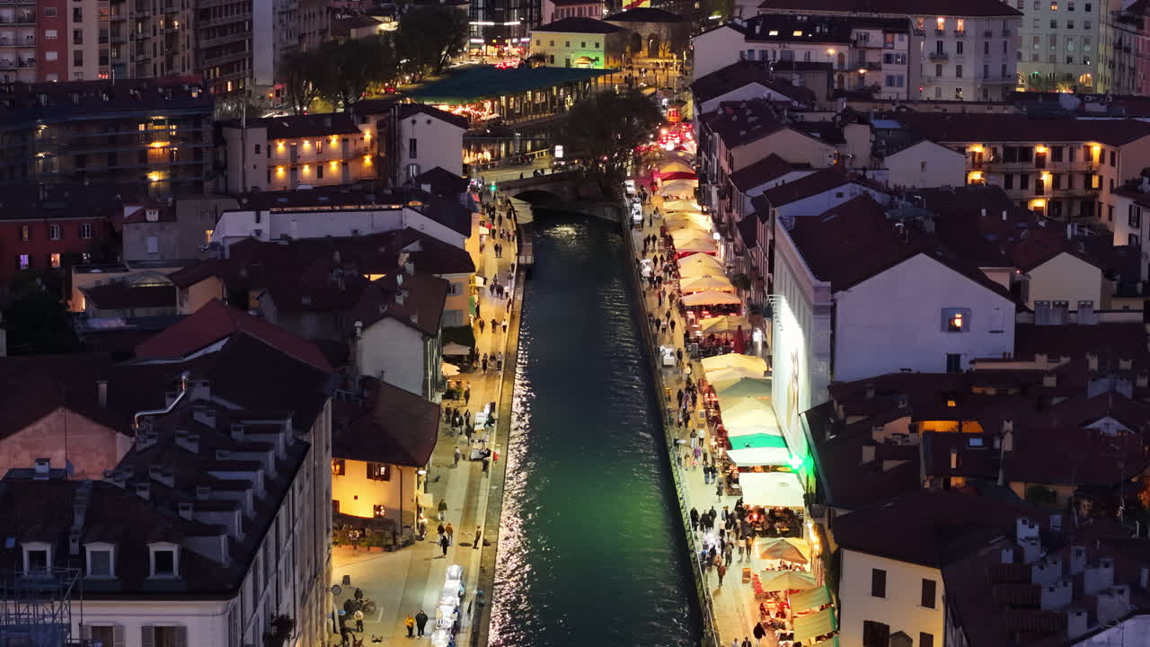 Aerial drone view of the Naviglio Grande canal at sunset