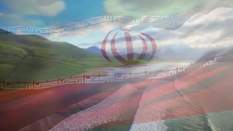 animation of flag of iran blowing over seascape