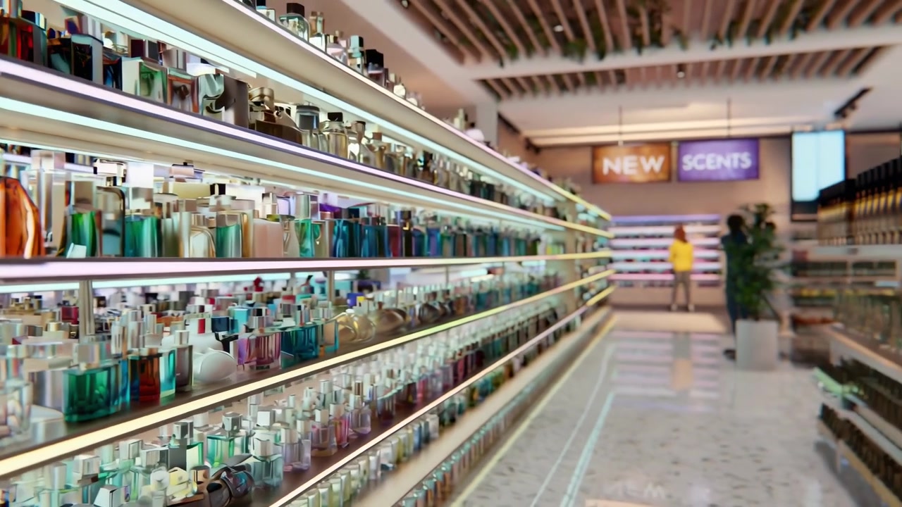 Fileiras de frascos de perfume em prateleiras em uma loja de varejo moderna