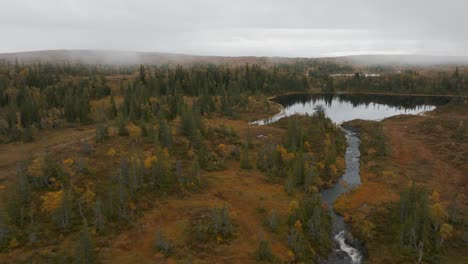 Imágenes-Aéreas-De-Drones-De-Un-Arroyo,-Un-Lago-Y-Un-Bosque-Brumoso-En-Las-Montañas-De-Suecia