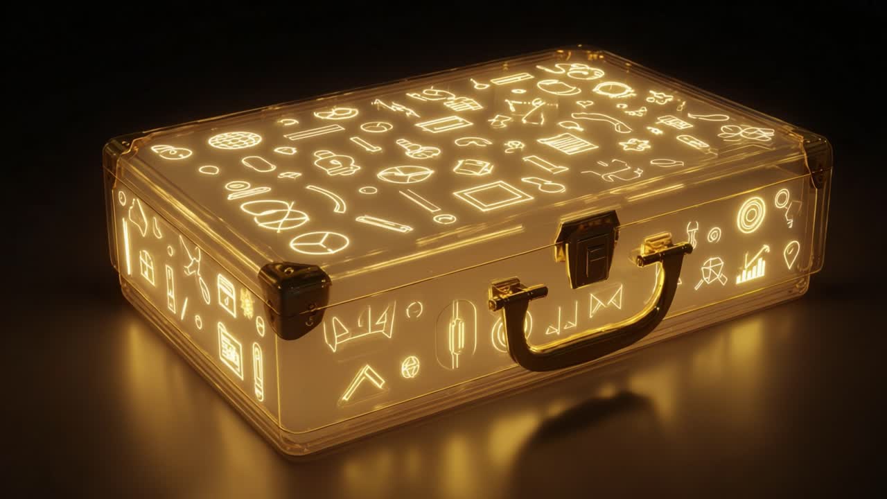 Transparent briefcase full of glowing golden business and technology icons rotating slowly against a dark background, representing a portfolio of creative ideas, investment, or startup tools