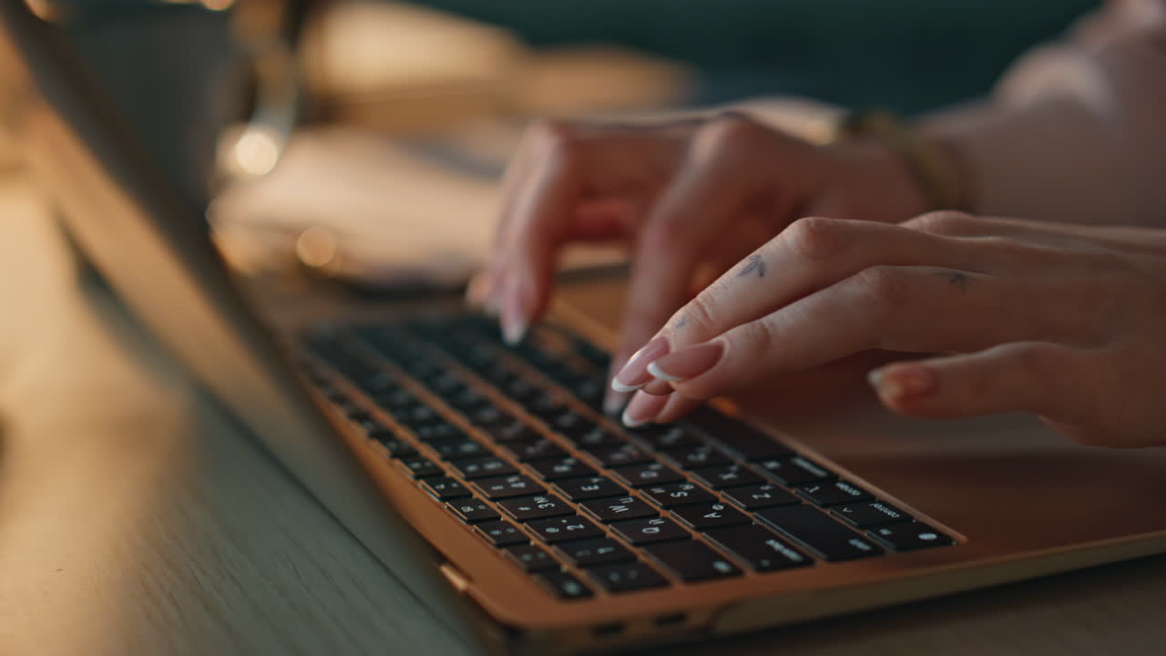 Evening hands typing keyboard in office. Woman freelancer searching information