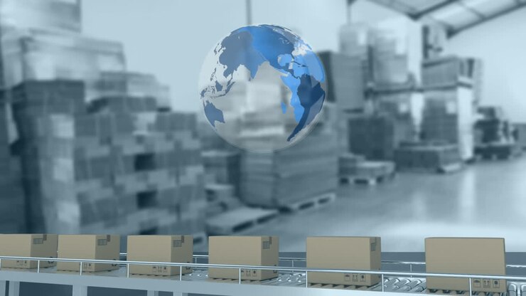 Animation of rotating globe over cardboard boxes moving on conveyor belt over warehouse