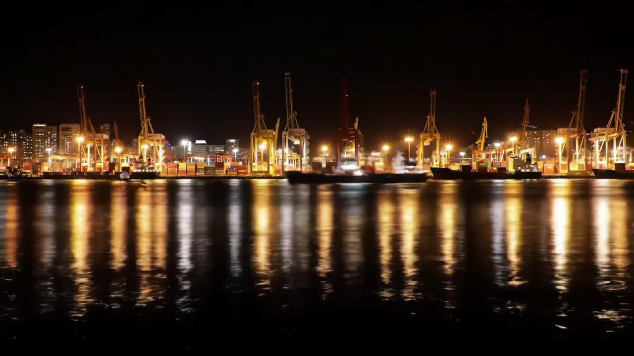 At night, the harbor comes alive with the glow of cranes and ships actively working to load and unload cargo. Reflections shimmer on the water, creating a vibrant industrial scene.