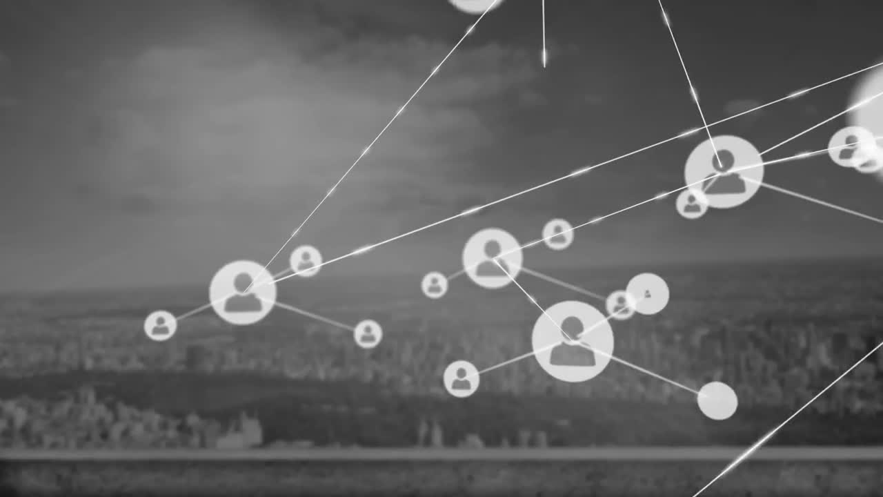 도시 풍경의 공중 전망에 대한 프로필 아이콘 네트워크의 애니메이션