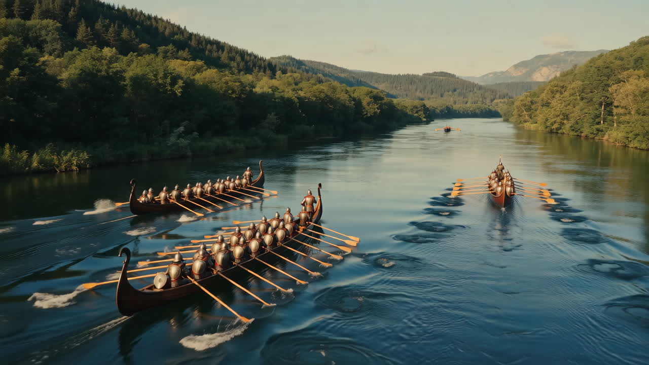 Ancient rowing boats on a river