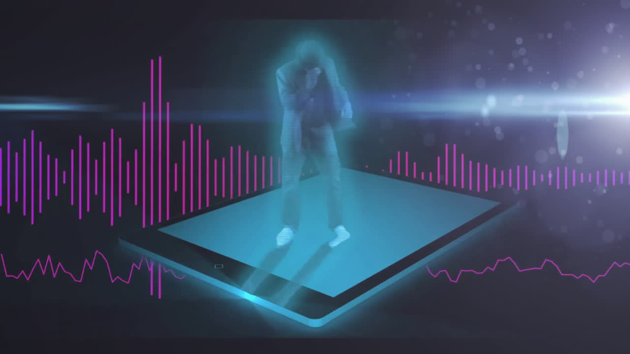 animación de columnas de música y hombre bailando en la tableta