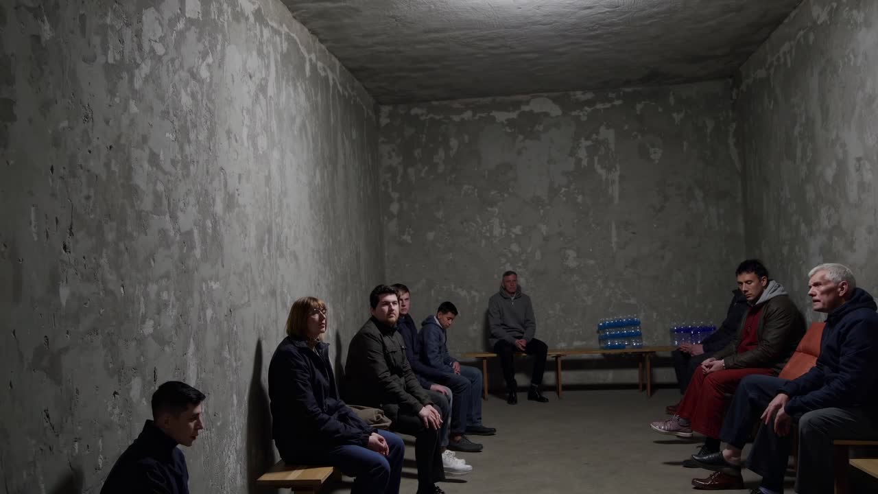 Refugees finding shelter in a dark underground bunker, sitting on benches with water bottles nearby, embodying fear, uncertainty, and resilience amid conflict